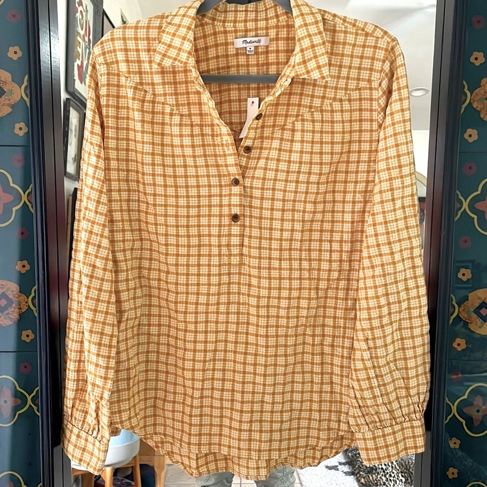 Madewell Plaid Western Popover Top in a mustard color, size M, brand new w/tags